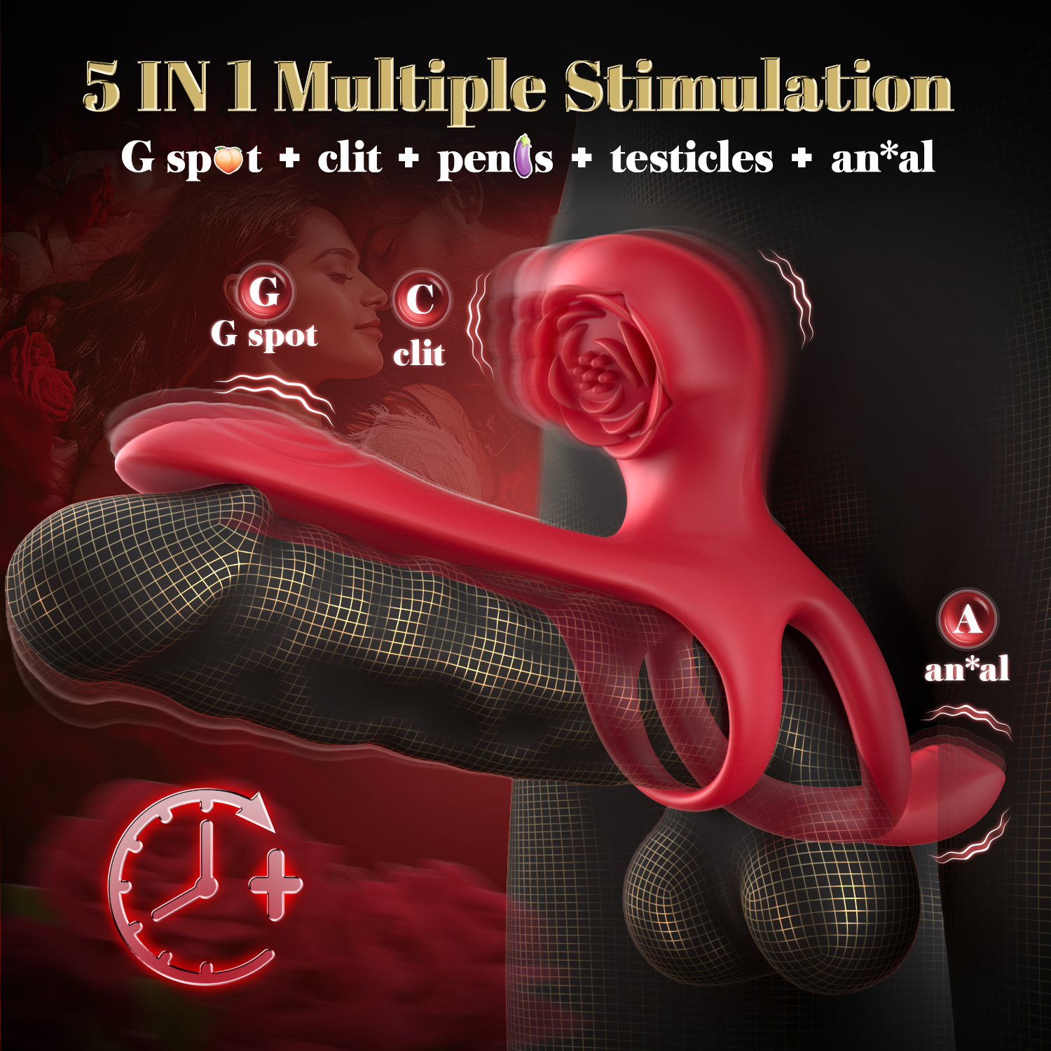 Acmejoy Vibrating Cock Ring Rose Couple Sex Toys with Clitoral  5 in 1 Stimulator