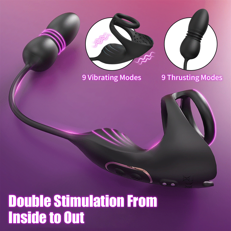 Acmejoy - 9 Thrusting & Vibrating Prostate Massager with Dual Cocking Rings Testicular Stimulator