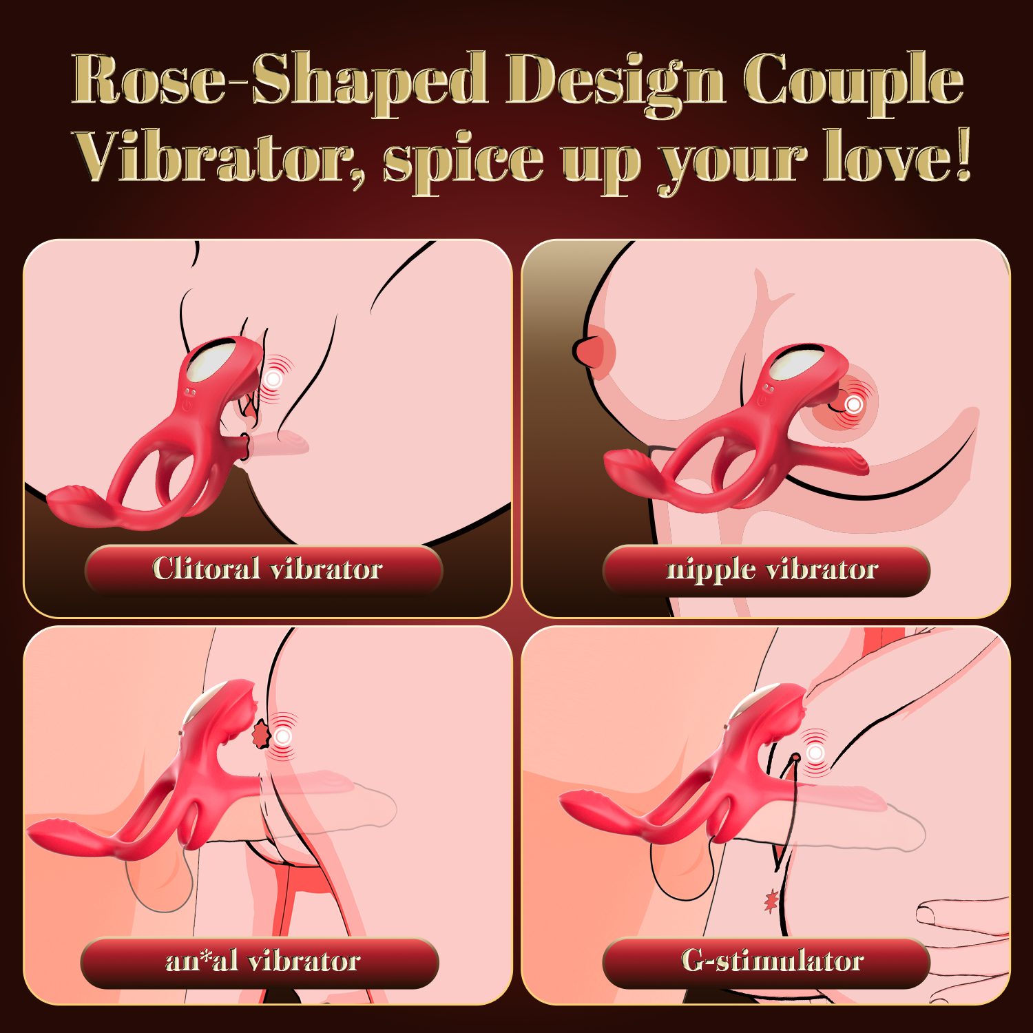 Acmejoy Vibrating Cock Ring Rose Couple Sex Toys with Clitoral  5 in 1 Stimulator